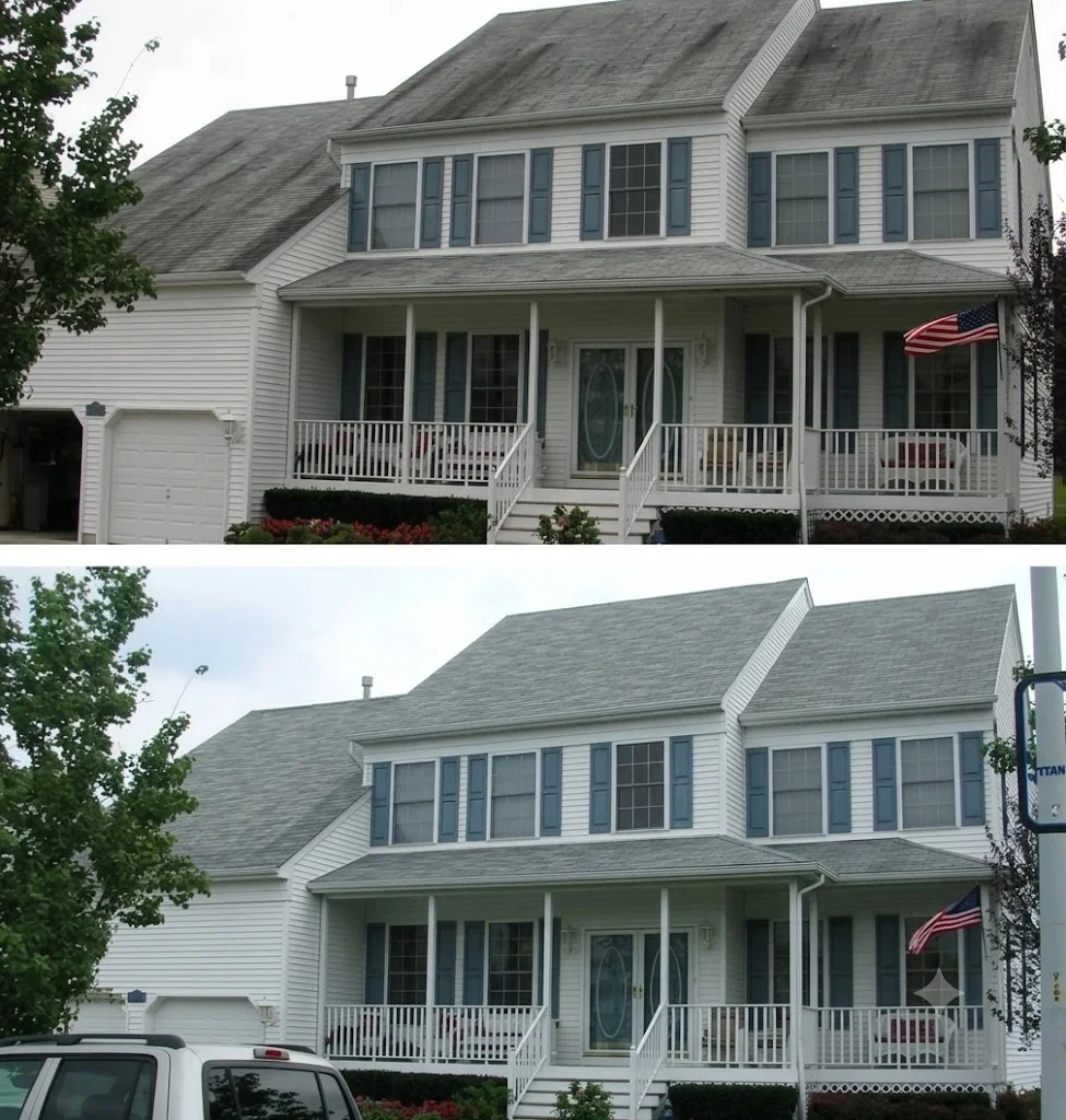 Before and after roof cleaning on two-story home with asphalt shingles and white siding
