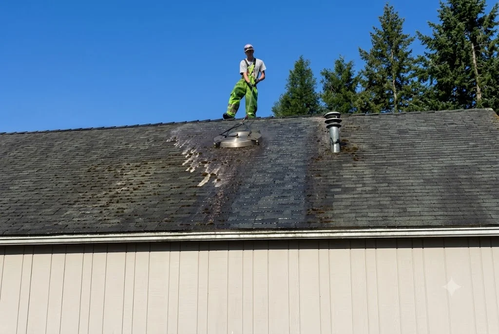 Technician on asphalt shingle roof removing moss and algae buildup with cleaning equipment