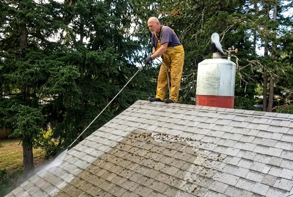 Technician pressure washing asphalt shingle roof to remove moss and debris buildup
