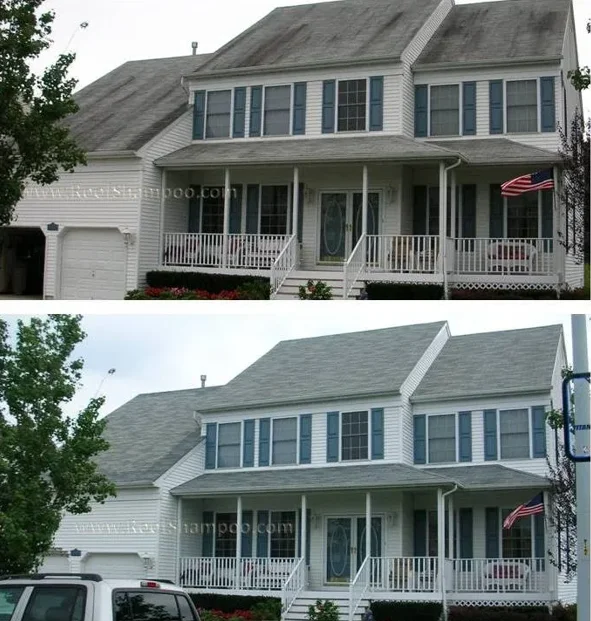 Before and after roof cleaning on two-story home with asphalt shingles and dormers