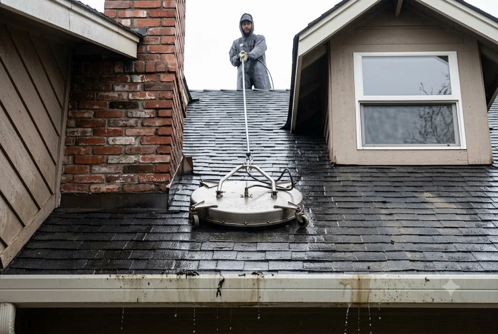 Technician using surface cleaner on asphalt shingle roof with moss and algae stains