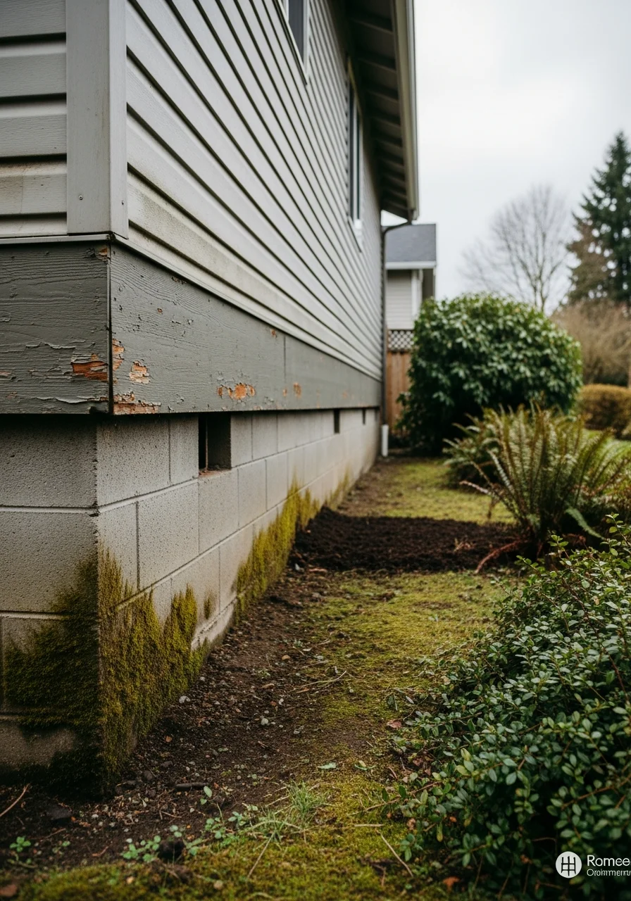 Exterior detail of a Clackamas County property showing foundation, siding, and landscape features.