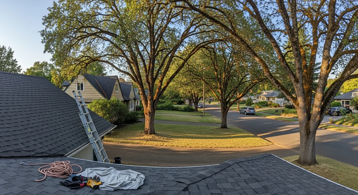 Residential street in Salem, Oregon with mature trees and well-maintained homes typical of Marion County neighborhoods.