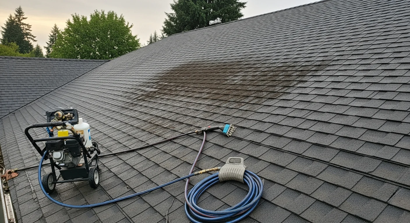 A Marion County residential roof before and after professional algae removal, showing dark streaks and green staining cleared from asphalt shingles on a north-facing slope. The cleaned roof surface shows restored shingle color with no visible biological growth remaining.