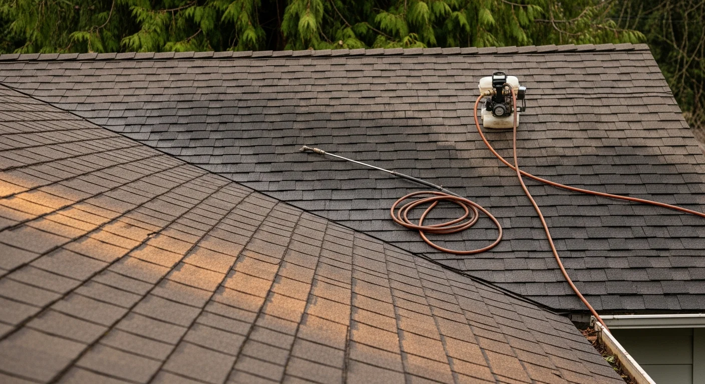 A Marion County residential roof with dark algae streaks on asphalt shingles being treated by a First Aid Roof Care technician using low-pressure application equipment. Before-and-after view showing stained shingles on one side and a clean, streak-free roof surface on the other.