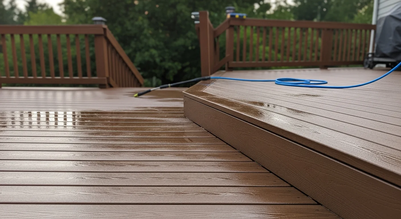 A Marion County residential wood deck after professional pressure washing by First Aid Roof Care, showing clean board surfaces with algae and dark staining fully removed. Railings and steps are visible in the background against a Florida backyard setting.