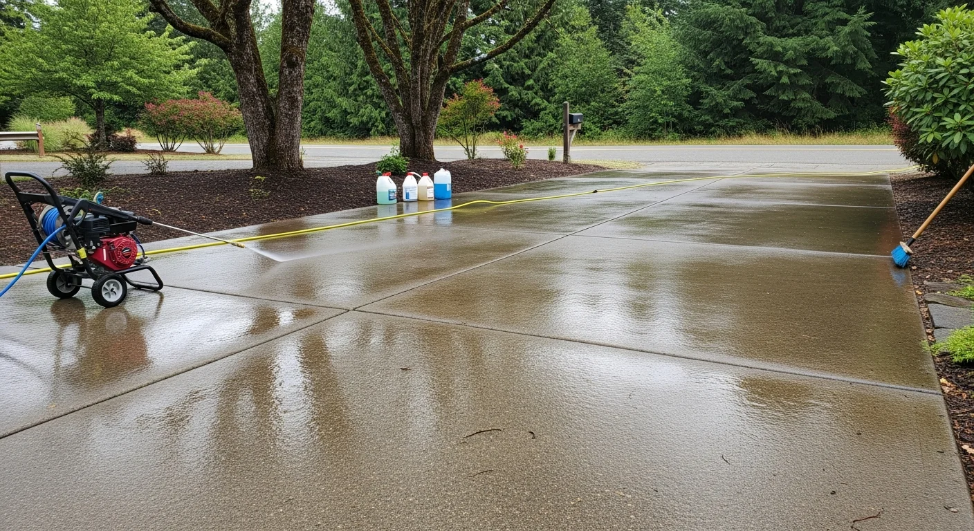 A Marion County residential driveway before and after professional pressure washing, showing removal of green algae streaks, dark tire marks, and embedded dirt from a concrete surface. The cleaned half appears bright and restored against the stained, untreated half.