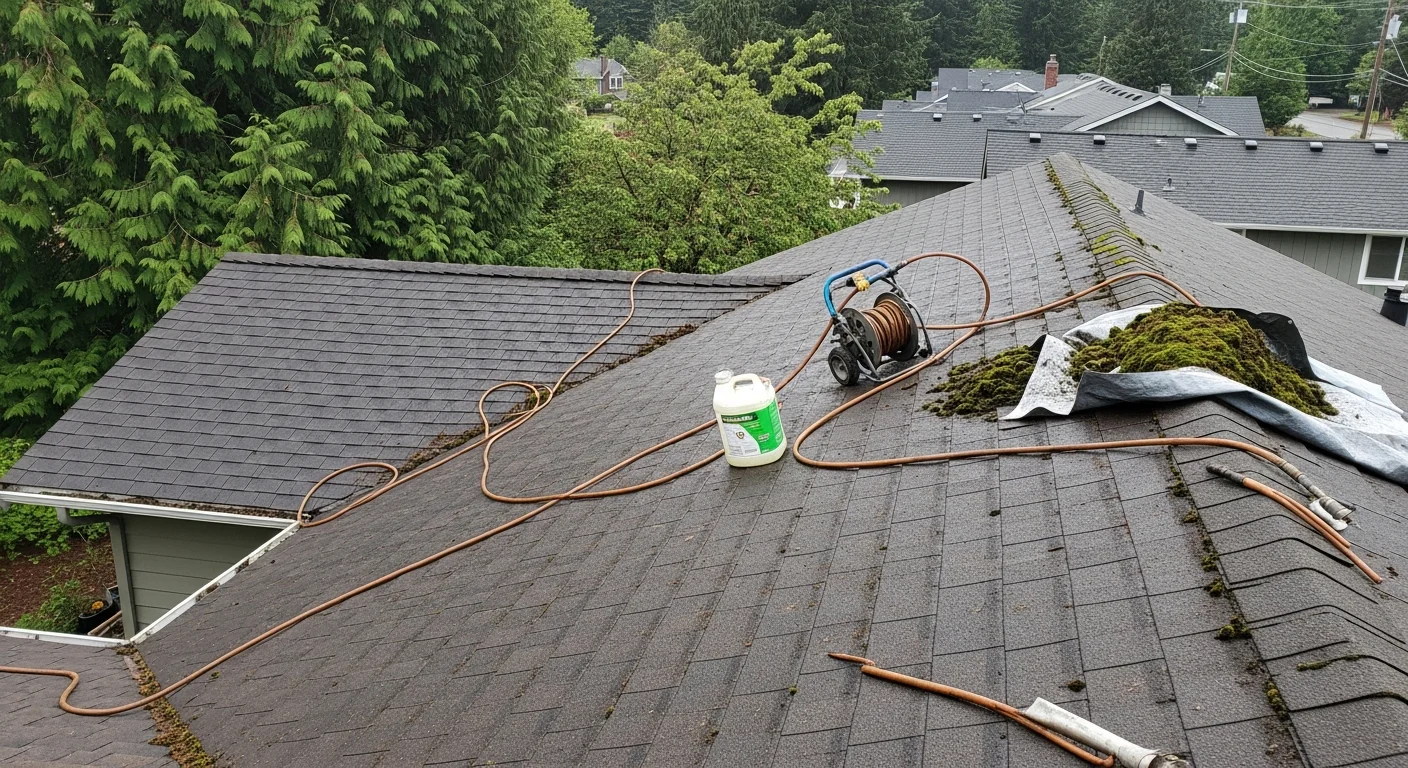 A Marion County residential roof with green moss growth removed from north-facing asphalt shingles, showing clean granule surface after professional soft-wash treatment. Surrounding mature trees and overcast Willamette Valley sky visible in the background.