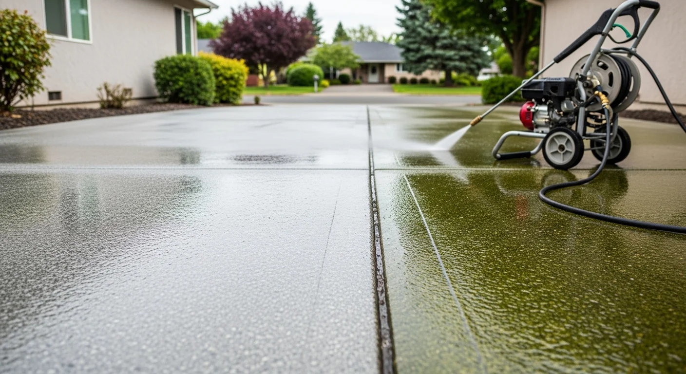 A Marion County, FL home driveway and front exterior after professional pressure washing, showing clean concrete free of green algae streaks and dark mold staining. The siding and walkway appear restored to their original color against a typical Central Florida residential backdrop.