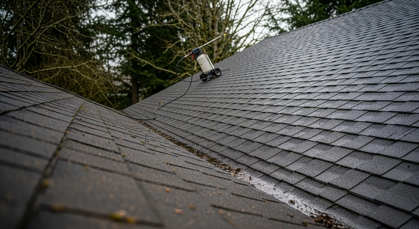A Marion County residential roof showing clean, moss-free shingles on a north-facing slope after preventive moss treatment by First Aid Roof Care. The surrounding yard includes mature trees typical of the Willamette Valley, with no visible biological growth on the treated roof surface.