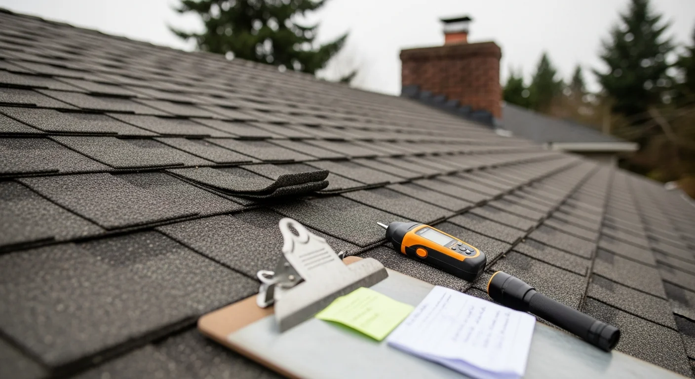 A roofing contractor inspecting shingles and flashing on a residential roof in Marion County, Indiana. Close-up view shows granule wear and a lifted flashing edge near a roof vent.