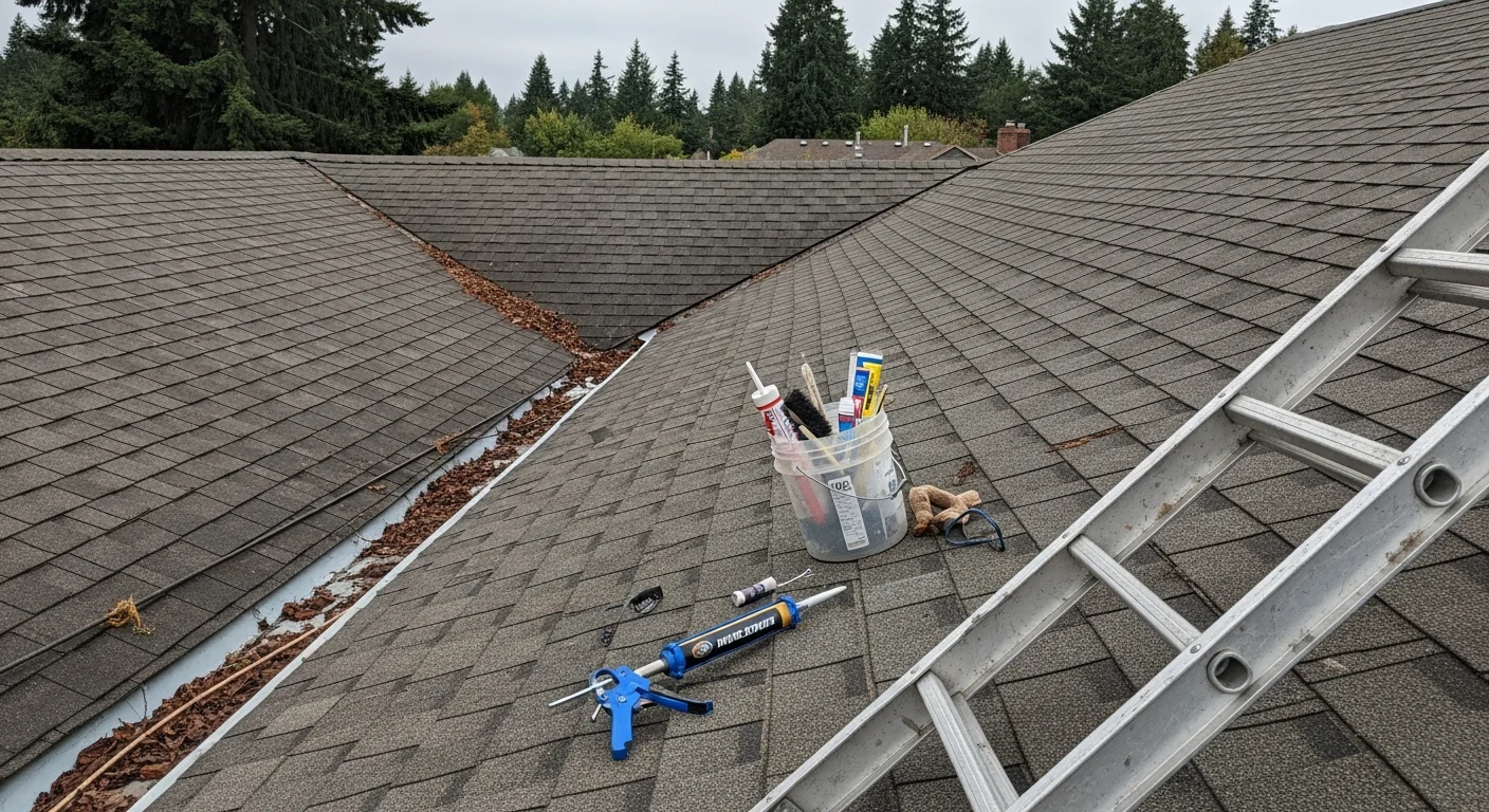 A roofing contractor from First Aid Roof Care inspecting shingles and flashing on a residential roof in Marion County, Florida. The image shows a close-up of a maintained roof surface with clean gutters and no visible algae or storm damage.
