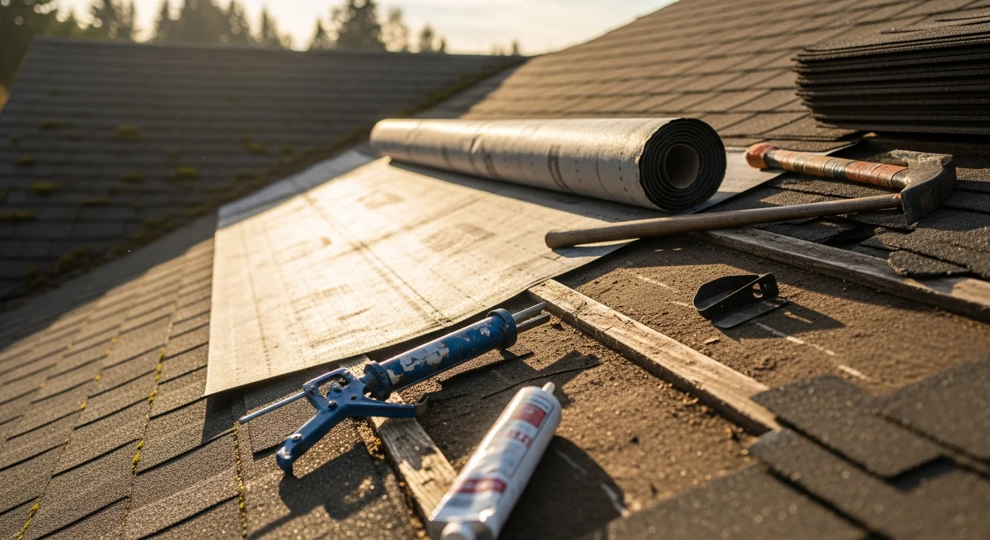 A Marion County residential roof showing repaired flashing and replaced shingles on a Florida home after storm damage. Close-up view of the completed repair area against a clear blue sky.