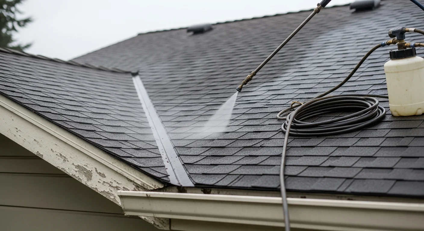 A Marion County home with a freshly soft washed roof showing clean, streak-free asphalt shingles after algae and mold removal. A First Aid Roof Care technician works from ground level using low-pressure soft wash equipment on the exterior.